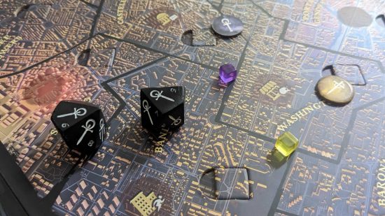 Vampire the Masquerade Milan Uprising preview dice, board, and tokens