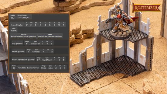 Data from Rosterizer, an open ended alternative to the Warhammer 40k app and other list-builders, on top of a picture of a Grey Knight terminator on a ruin in a battlefield