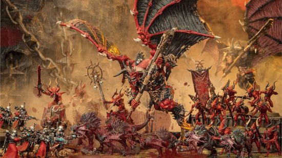 Warhammer 40k: Battlesector DLC - Daemons of Khorne; diorama photograph by Games Worskhop of Khorne Daemon models, a horde of red-skinned horrors, led by a huge, winged daemon with a massive axe and great horns