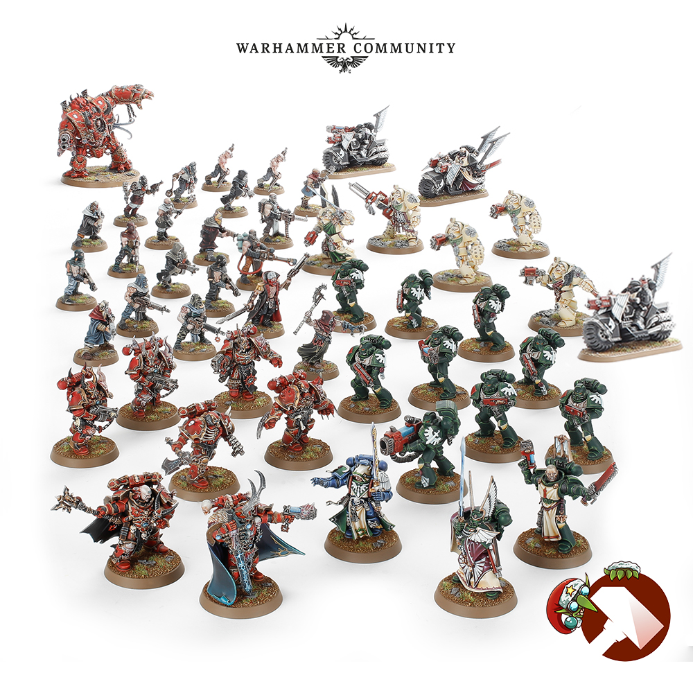 Warhammer 40k Dark Angels Dark Vengeance box set - a product photograph by Games Workshop, showing two forces of armored warriors, the corrupt Chaos Space Marines and the knightly Dark Angels