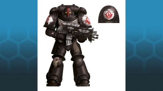 A marine from the Warhammer 40k Dark Angels successor chapter 'The Consecrators", wearing black power armor , displaying the motif of a flame beneath a halo and above wings, in red on white