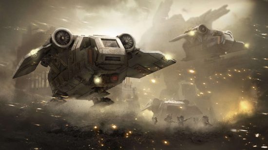 Warhammer 40k flyer - paintover illustration of Arvus Lighters tuoching down in a duststorm to deply Solar Auxilia troops
