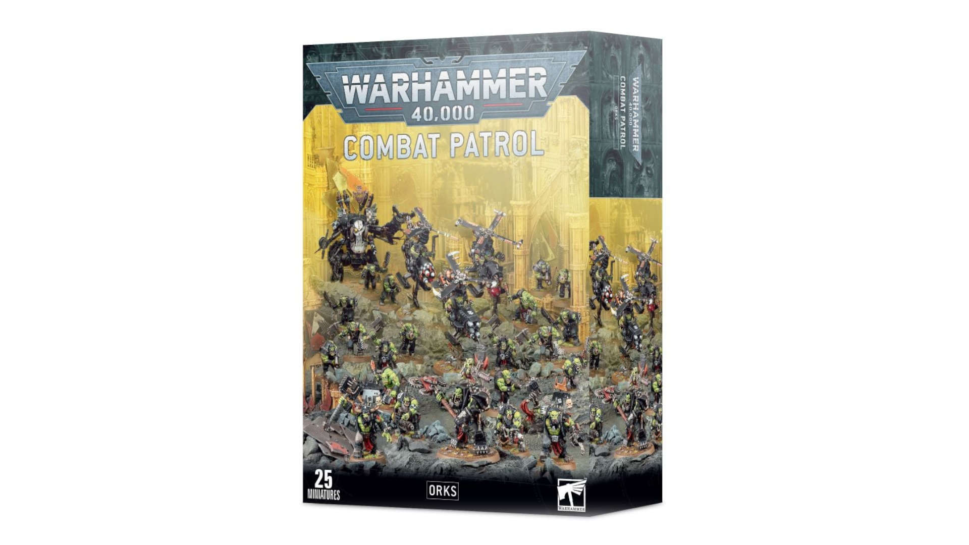 Warhammer 40k games director job listing - Combat Patrol product photo by Games Workshop, a box advertising Ork miniatures