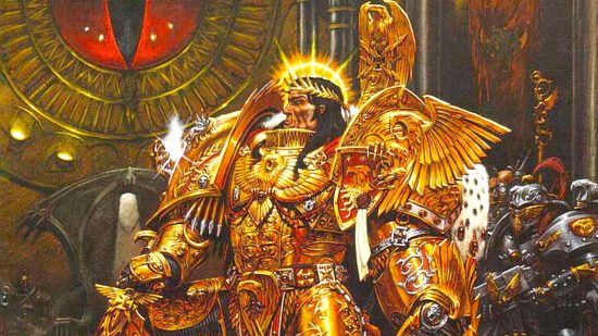 Warhammer 40k games director job listing - closeup of the Emperor of Mankind artwork by Adrian Smith, a dark-haired man in golden, ornamented armor, with a golden halo