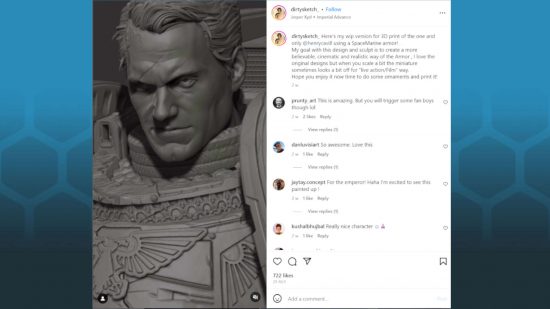 Warhammer 40k Henry Cavill Space Marine sculpt by Pablo Dominguez - screencap from Instagram showing a closeup of Cavill's 3D sculpted face