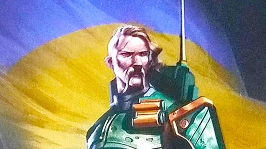 Unofficial Warhammer 40k mini to support Ukraine - author photo showing the postcard artwork provided with the mini, depicting the sci fi soldier character in front of a huge Ukrainian flag, zoomed in to show head and shoulders close up