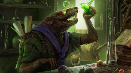 Warhammer 40k Skaven - artwork by Games Workshop, a Skaven inventor raises a glowing vial of warpstone elixir