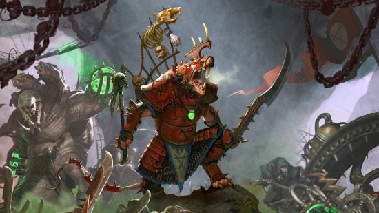 Warhammer 40k Skaven - artwork by Games Workshop, a Skaven ratman warlord in red armor screaming