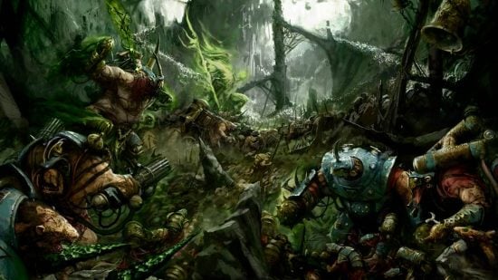 Warhammer 40k Skaven - artwork by Games Workshop, a horde of skaven ratmen teem through ruins