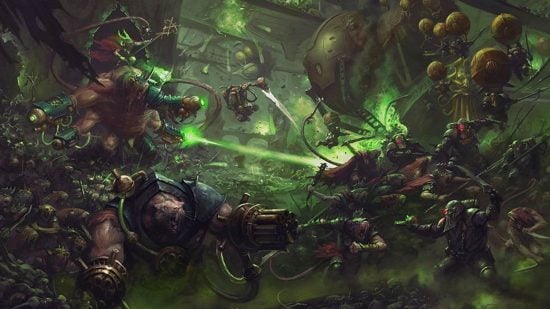 Warhammer 40k Skaven - artwork by Games Workshop, Skaven ratmen attack Kharadron dwarf airships with their green energy weapons