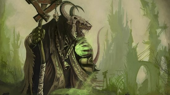 Warhammer 40k Skaven - artwork by Games Workshop, a Skaven ratman greyseer holding a glowing green orb of warpstone