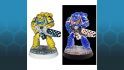 Warhammer 40k Ultramarines Space Marine painted with inverted colors, next to a color-inverted photograph, showing its front