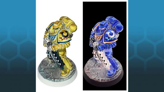 Warhammer 40k Ultramarines Space Marine painted with inverted colors, next to a color-inverted photograph, showing its left side