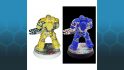Warhammer 40k Ultramarines Space Marine painted with inverted colors, next to a color-inverted photograph, showing its rear