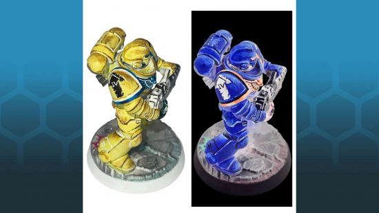 Warhammer 40k Ultramarines Space Marine painted with inverted colors, next to a color-inverted photograph, showing its right side