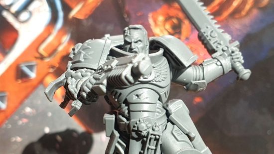 Warhammer 40k Space Marine the Board Game - closeup of the Lt. Titus miniature