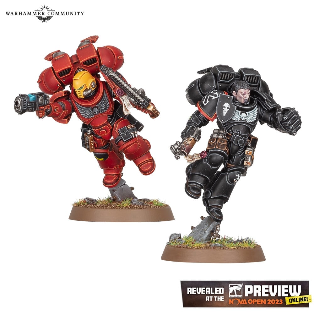 Warhammer 40k Space Marine Jump Pack Intercessors - a pair of power armored warriors held aloft by jump packs, one a red armored Blood Angel armed with chainsword and plasma pistol, one a black-armored raven guard with power fist and hand flamer