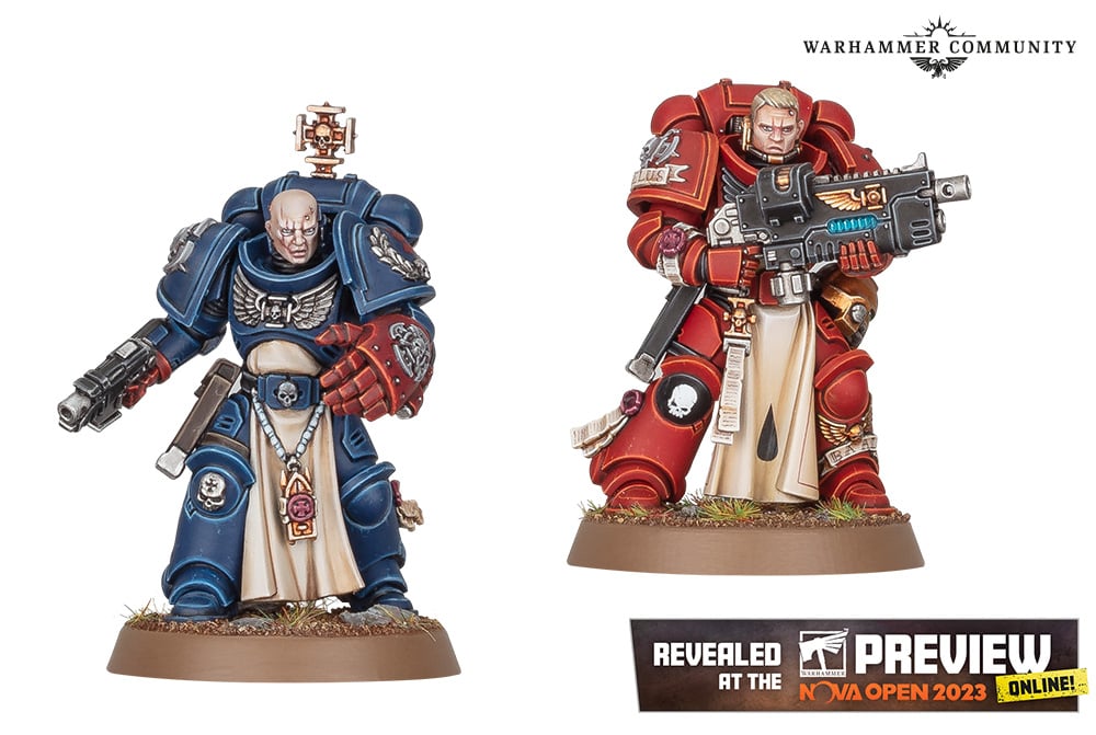 Warhammer 40k Space Marine sternguard veterans - warriors in power armor and tabards, one wielding a combi-weapon, another with a power fist and bolt pistol