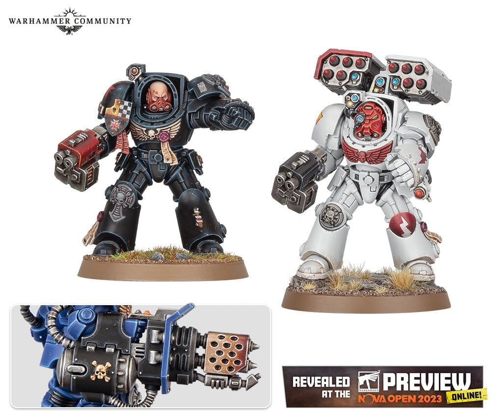 Warhammer 40k Space Marine terminators - one armed with power fist and bolter , one equipped with a cyclone missile launcher, and closeup on a heavy flamer