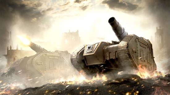 Warhammer The Horus Heresy Legions Imperialis Medusa tanks - two blocky self-propelled artillery vehicles in service during the Great Crusade