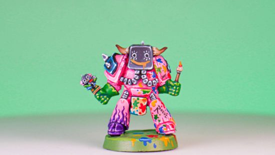 Warhammer Art in Miniature exhibition - Paintor figure, a lurid pink cartoonish entity against a pale mint green background, painted by Louise Sugden