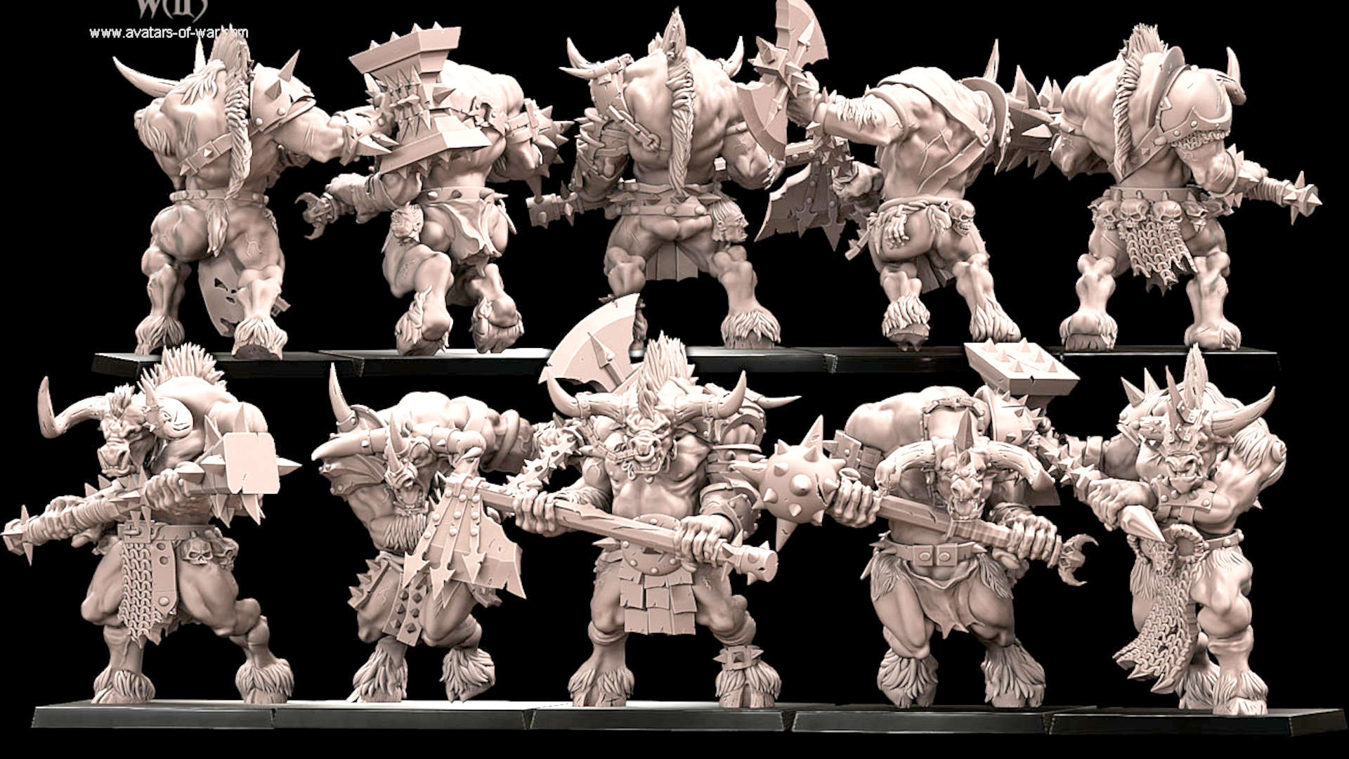 Front and back view of Avatars of War minotaurs, perfect for Warhammer fantasy - they are armed with brutal double-handed weapons