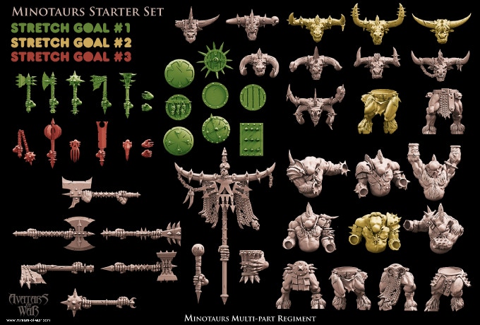 Starter pledge for the Avatars of War multipart minotaur unit, perfect for use as Warhammer beastmen - a mixture of heads, torsos, legs, weapons, shields, a banner, and military drum