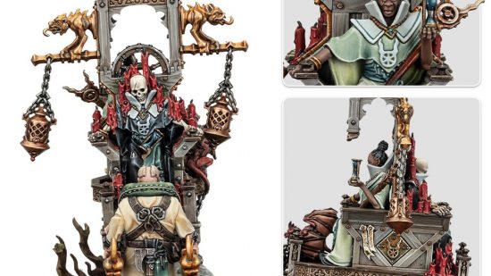 Warhammer Cities of Sigmar Pontifex Zenestra, an ancient woman riding in a palanquin, details, including the ornamentation on the palanquin, a closeup on Zenestra's face, and the candle-covered skeleton in the reverse seat of the same palanquin