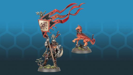 Warhammer Cities of Sigmar Great Herald, a human soldier in plate armor with a huge banner, accompanied by a reptilian, doglike creature