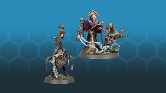 Warhammer Cities of Sigmar war surgeon in plague mask holding bone saw, and soul shepard, a priest with a censer and a strange, sekeletal piper accompanying him