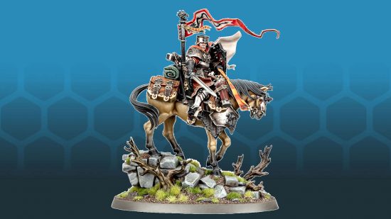 Warhammer Cities of Sigmar Freeguild Cavalier Marshal - a knight on a barded warhorse, bedecked with stowage and heavy armor