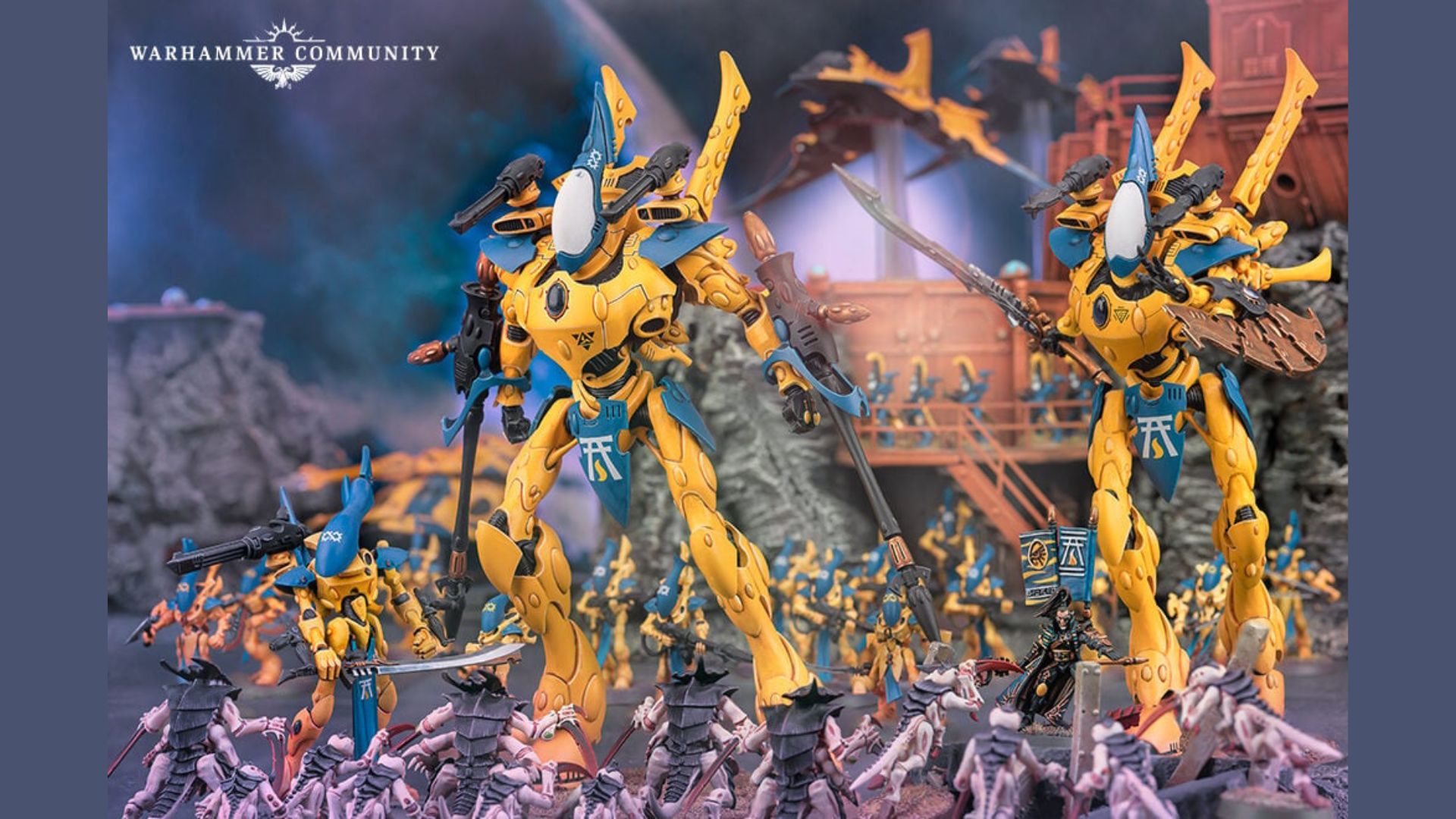 Warhammer fans hate change and when things stay the same - an Aeldari Wraithknight, a huge yellow and blue bipedal construct