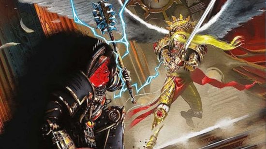 Warhammer the Horus Heresy book The End and the Death Volume 2 cover art - the golden, angelic Sanguinius duels the black-armored Horus