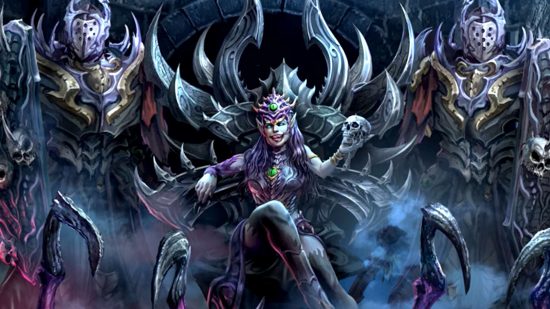 Illustration of a Twilight Kin queen, a pale-skinned elf resting on a barbed throne, flanked by huge Impaler warriors in corrupted full body armor - her Nightcrawler beasts gnash their jaws and flail clawed limbs towards the viewer
