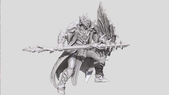 A Twilight Kin Impaler for Mantic Games Warhammer alternative Kings of War - a figure with all-encompassing armor, batlike cloak, spiked spear, and face-hiding helmet