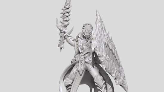 A Twilight Kin Impaler for Mantic Games Warhammer alternative Kings of War - a figure with all-encompassing armor, batlike cloak, sword covered in eyes, and face-hiding helmet