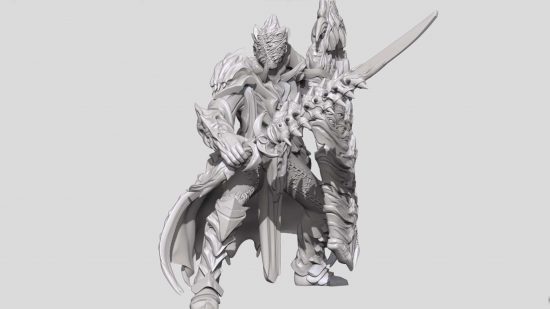 A Twilight Kin Impaler for Mantic Games Warhammer alternative Kings of War - a figure with all-encompassing armor, batlike cloak, sword covered in toothy barbs, and face-hiding helmet
