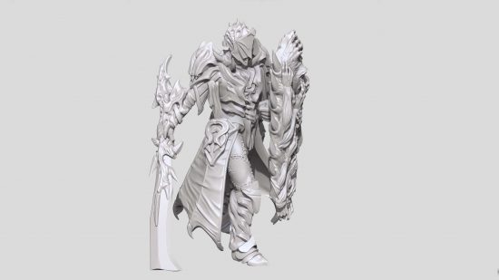 A Twilight Kin Impaler for Mantic Games Warhammer alternative Kings of War - a figure with all-encompassing armor, batlike cloak, sword fused to its body, and face-hiding helmet