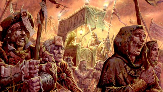 Warhammer RPG bundle - cover art for The Thousand Thrones by Ralph Horsley, copyright Games Workshop, a procession of fanatics bear a palanquin containing a saint