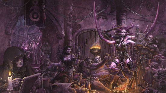 Warhammer RPG bundle - cover art for Tome of Corruption by Ralph Horsley, copyright Games Workshop - a gaggle of cultists lounge in a den of iniquity while a blade-limbed daemonette cavorts