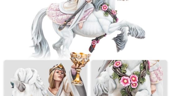 Warhammer The Old World - Bretonnian Enchantress Lady Elisse Duchard riding a Unicorn , details including a garland of roses and a golden goblet