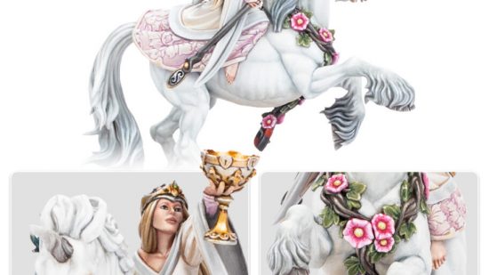 Warhammer The Old World factions - Bretonnian Enchantress Lady Elisse Duchard riding a Unicorn , details including a garland of roses and a golden goblet