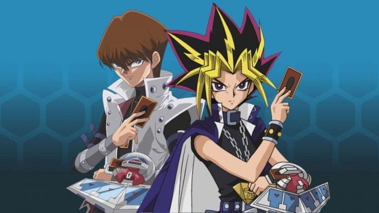 Yu-Gi-Oh! banlist - Seto Kaiba and Yami Yugi pull Yu-Gi-Oh! cards from their duel discs