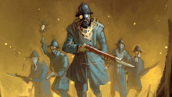 A War Transformed - weird WW1 wargame illustration, a squad of trench assault troops with arcane fetishes