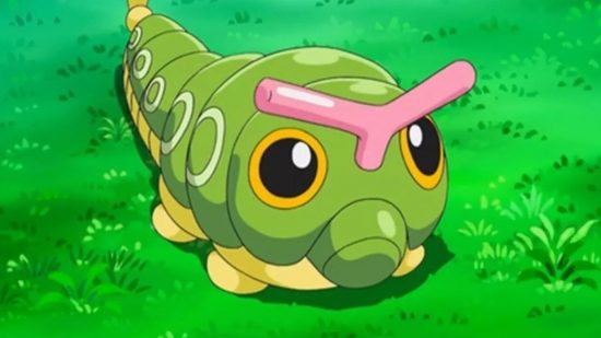 All Pokémon types guide - Pokémon TV series screenshot showing Caterpie, a bug type