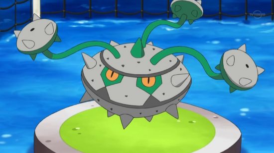 All Pokémon types guide - Pokémon TV series screenshot showing Ferrothorn, a Grass/Steel type