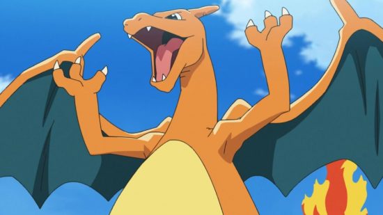 All Pokémon types guide - Pokémon TV series screenshot showing Ash's Charizard, a fire type