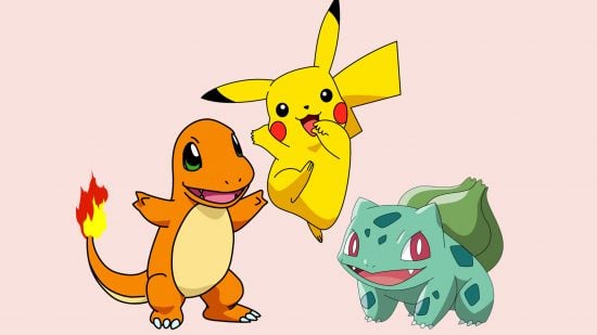 All Pokémon types guide - Pokémon TV series screenshot showing Pikachu, Charmander, and Bulbasaur