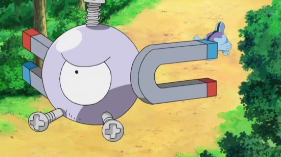 All Pokémon types guide - Pokémon TV series screenshot showing Magnemite, a steel type