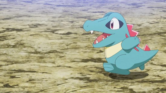 All Pokémon types guide - Pokémon TV series screenshot showing Totodile, a water type